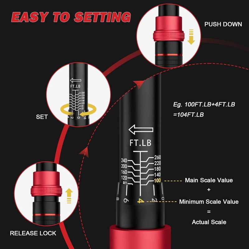 VANPO Torque Wrench 1/2-Inch Drive, 20-260 Ft-Lb/27.1-352.3 Nm, 22.04", Click Style, Dual Direction, 72 Tooth, Adjustment Torque Wrench with 1/2" to 3/8" Adapter & 125mm Extension Bar for Car & Truck - Image 4